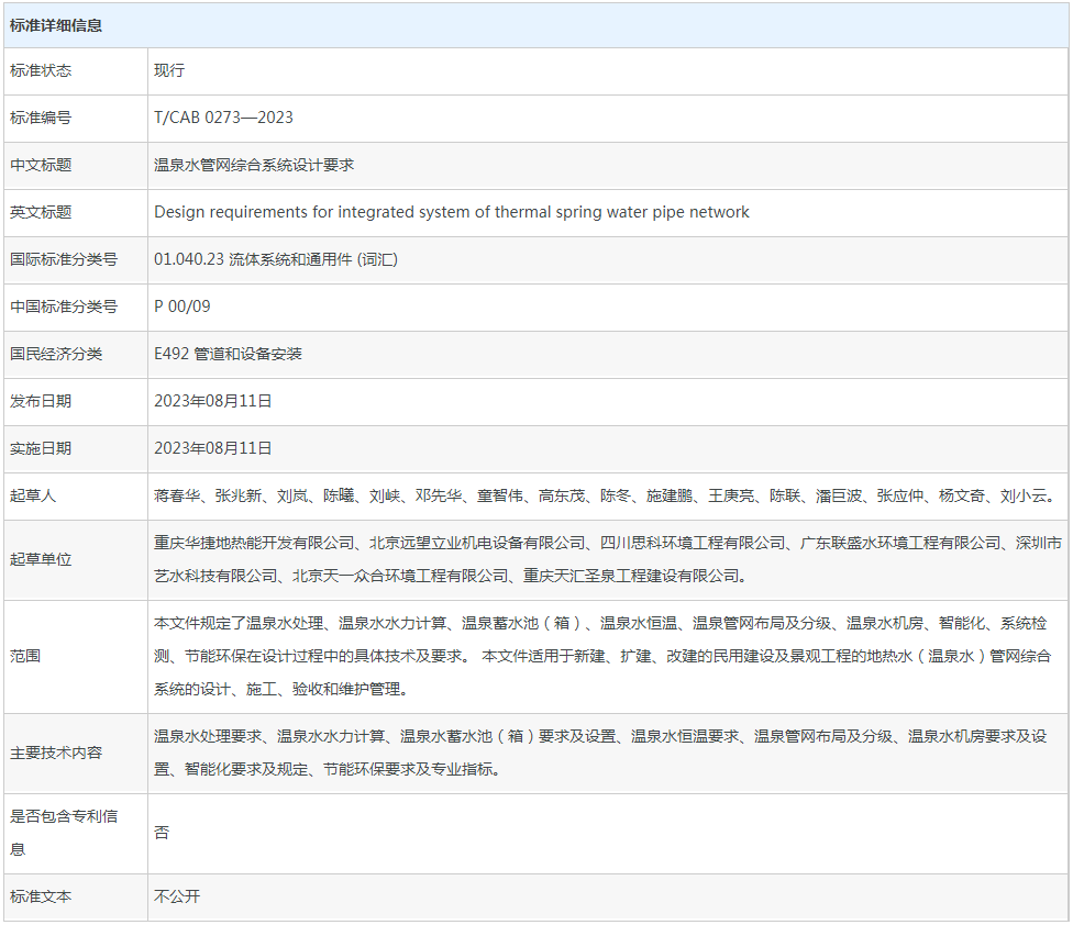 全国团体标准信息平台发布《温泉水管网综合系统设计要求》实施公告